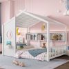 Full Size Floor House Bed for Toddler, Kids Montessori Bed with Storage Shelf, Playhouse Bed with Roof Design, White