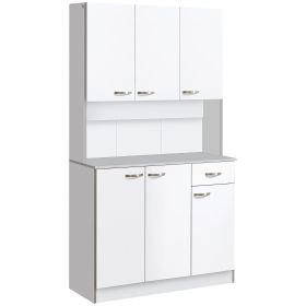 Freestanding Kitchen Buffet with Hutch, White, 71", Storage Cabinets, 6 Doors, 3 Adjustable Shelves, Drawer
