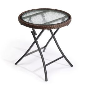 Outdoor Side Table, Round Rattan Patio Side Table, Small Foldable Wicker Table with Tempered Glass Table Top for Lawn Garden Balcony Porch Deck P